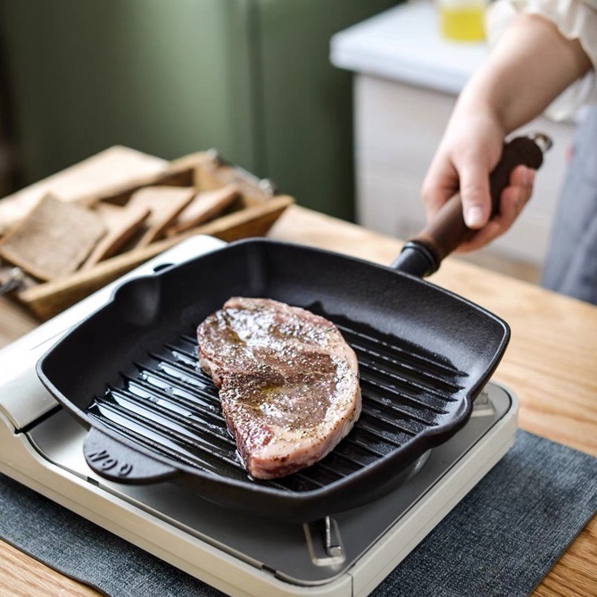 Chảo nướng chống dính beefsteak size 22cm, chảo gang đúc nguyên khối dùng bếp từ, chảo gang nướng thịt LIINKITCHEN
