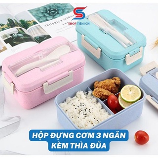Hộp đựng cơm văn phòng 3 ngăn lúa mạch tặng kèm thìa đũa Shop Tiện Ích Hộp cơm 3 ngăn nhiều màu dễ thương