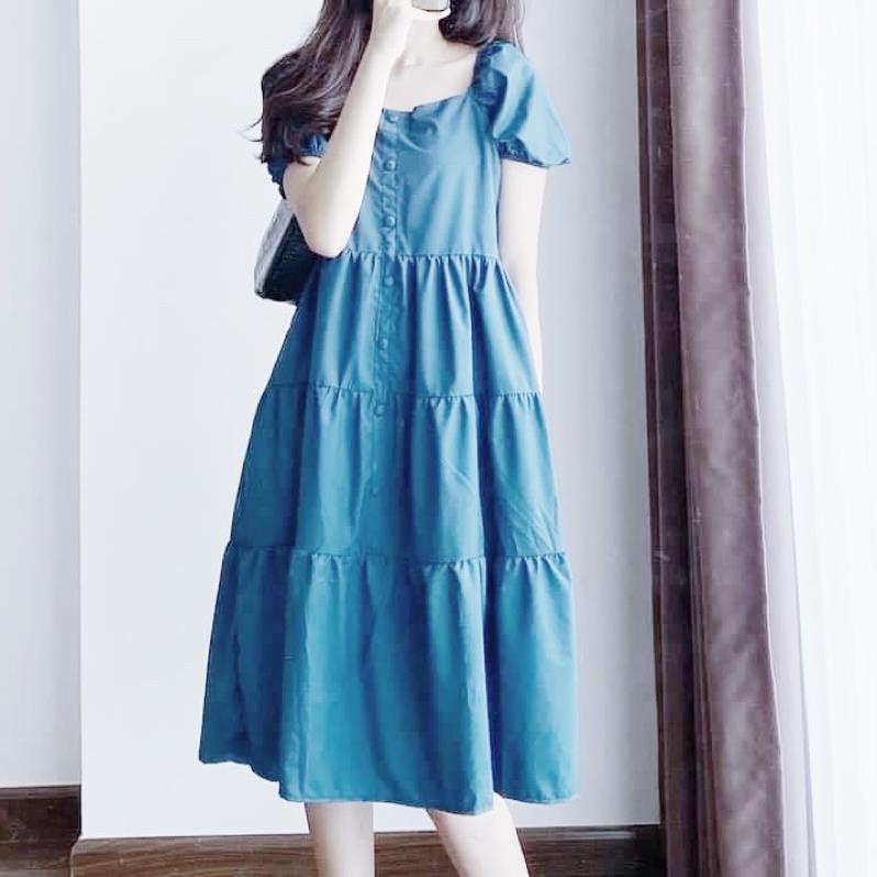 X2 Đầm xòe babydoll bầu bì xanh tầng nút bọc cổ tròn tay ngắn tiểu thư tasa
