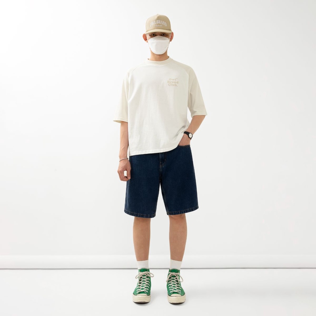 OWL BRAND® BLANK RELAX SHORT JEANS - Quần Short nam Jean ống rộng / Xanh đậm