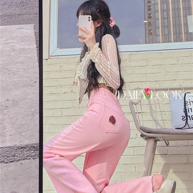 Jiashucheng Quần Jean Nữ Lưng Cao Ống Rộng Thêu Họa Tiết Quả Đào Hồng Xinh Xắn