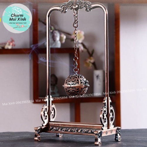 Bộ Khung Lư Treo Tròn Đồng Đúc Hoa Văn xông, đốt nụ Trầm - Lư Xông Hương Kèm Lót Bông Chống Cháy