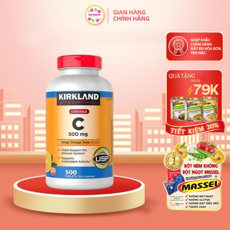 Viên nhai bổ sung Vitamin Kirkland Signature Vitamin C 500mg hộp 500 Viên Healthy Care quatangme