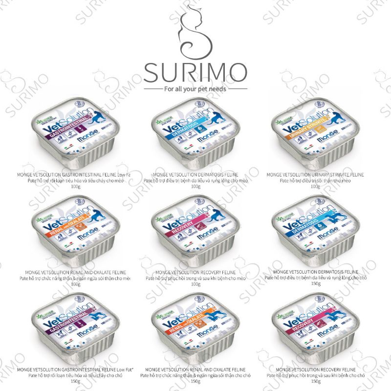 Pate Monge VetSolution hỗ trợ điều trị về da, thận, tiêu hoá, sỏi thận, phục hồi bệnh cho chó mèo - 100g / 150g
