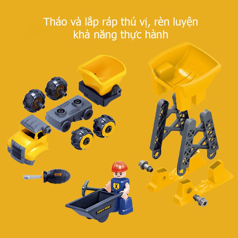 Đồ chơi lắp ghép xe tải kèm nhiều chi tiết công nhân, bồn đá, sticker kích thước lớn