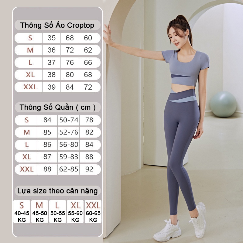 Bộ quần áo tập gym nữ không viền cổ vải co giãn 4 chiều có mút ngực - Set quần dài và áo croptop ngắn tay KENZI-79