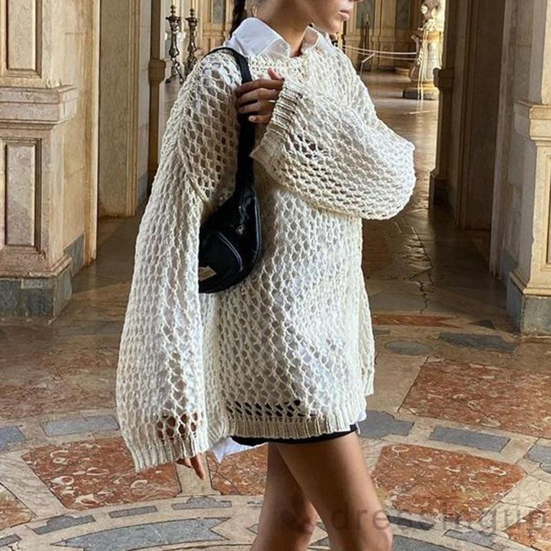 Áo kiểu dệt kim tay dài cổ tròn dáng rộng thiết kế lưới cá quyến rũ cho nữ
