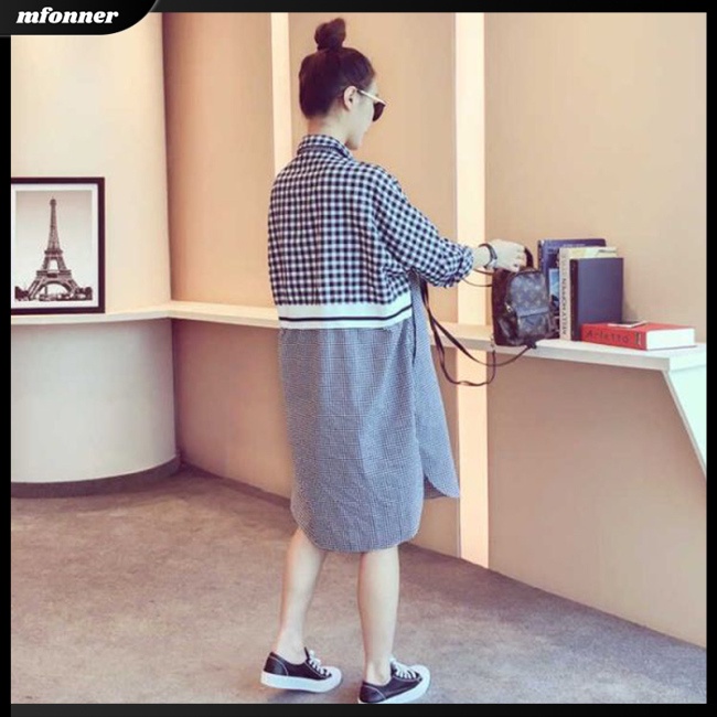 Đầm Sơ Mi Tay Dài Dáng Rộng In Họa Tiết Caro Thời Trang Mùa Xuân Cho Nữ
