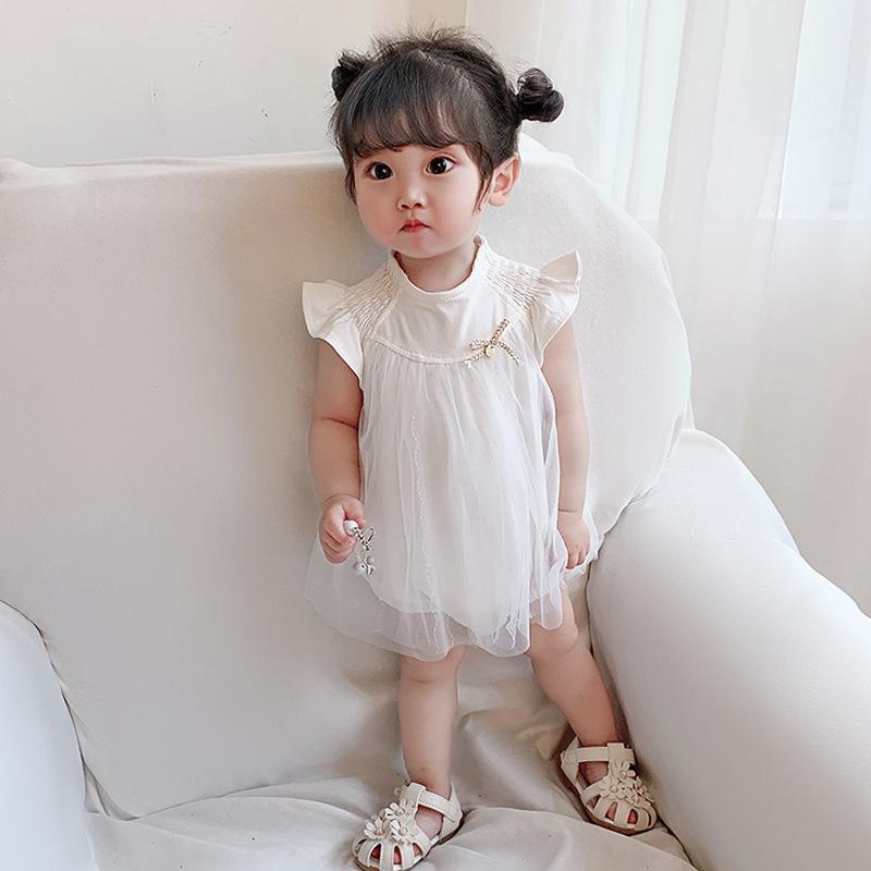 Áo Liền Quần Dạng Đầm Cotton Tay Xòe Ngắn Phối Vải Lưới Đáng Yêu Cho Bé Gái Sơ Sinh