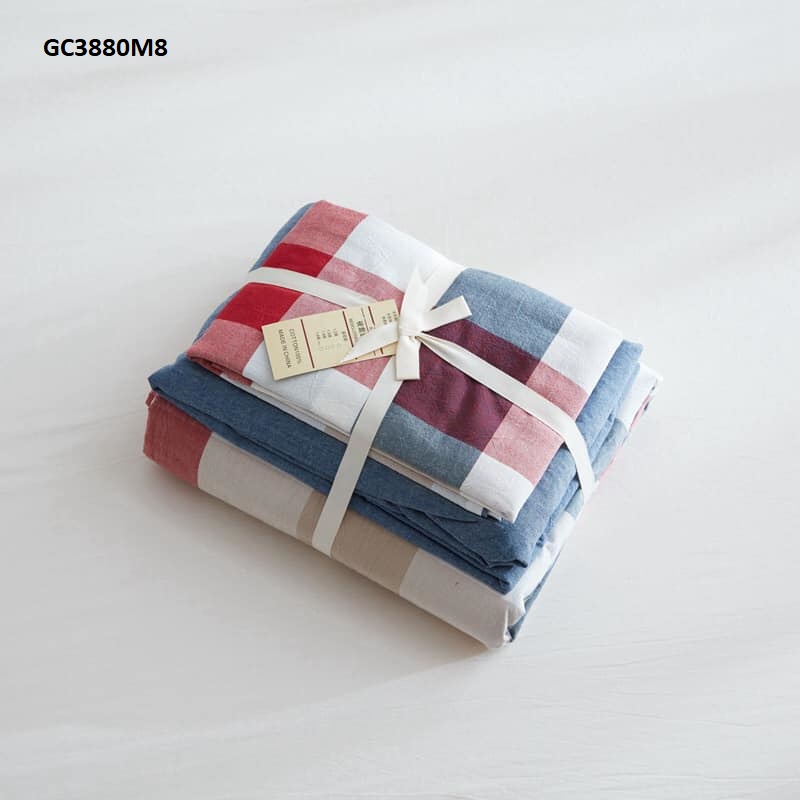 GC3880-Bộ chăn ga gối in kẻ caro chất cotton cao cấp phong cách Nhật