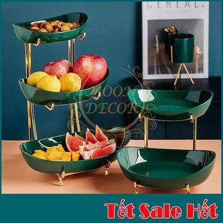 Khay Sứ Đựng Hoa Quả xanh Ngọc Bích [Cao CẤp] có 2 loại khay gỗ và inox,2 tầng,3 tầng phong cách Bắc Âu,cực sang trọng