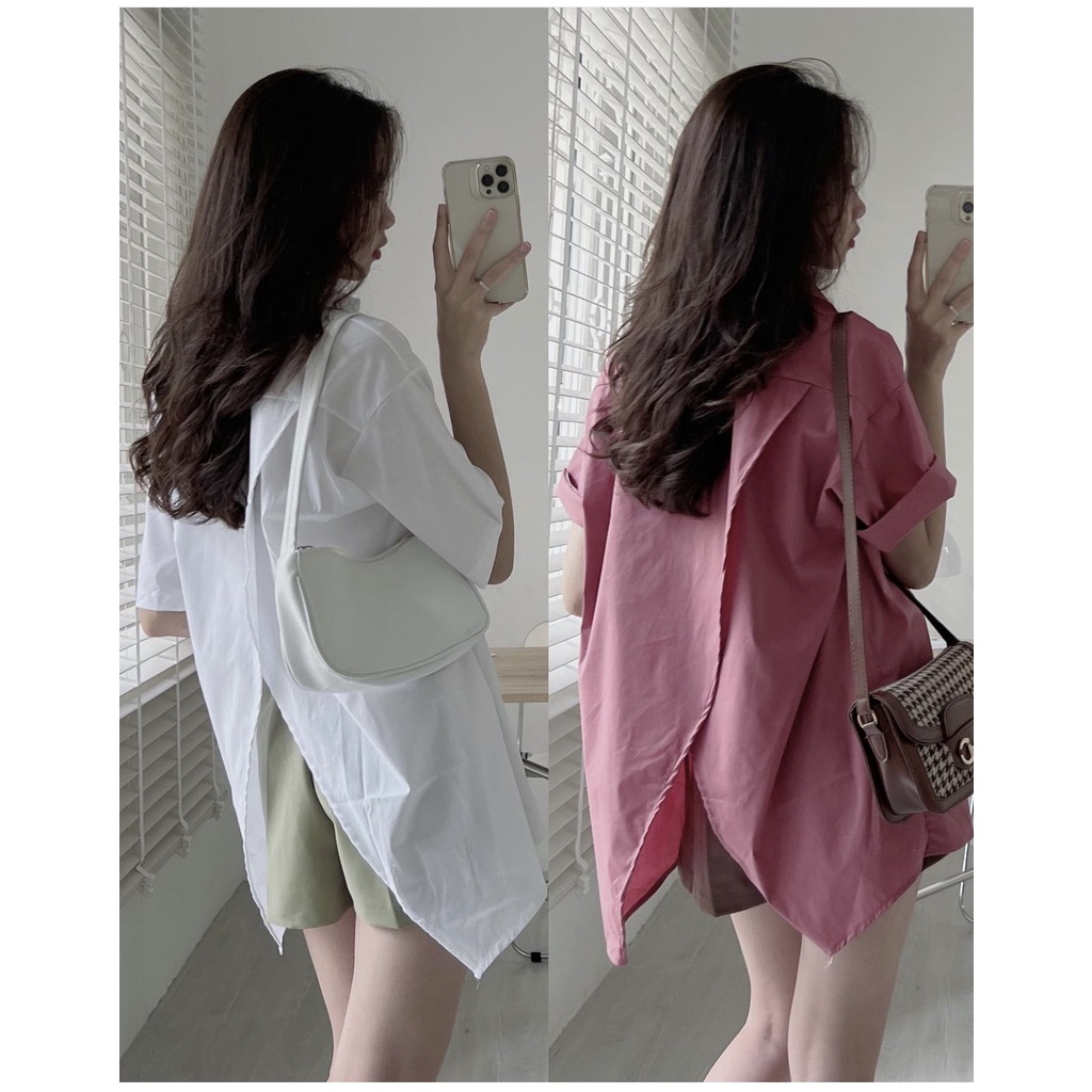 Áo Sơ mi thô trơn ngắn tay xẻ sau up
