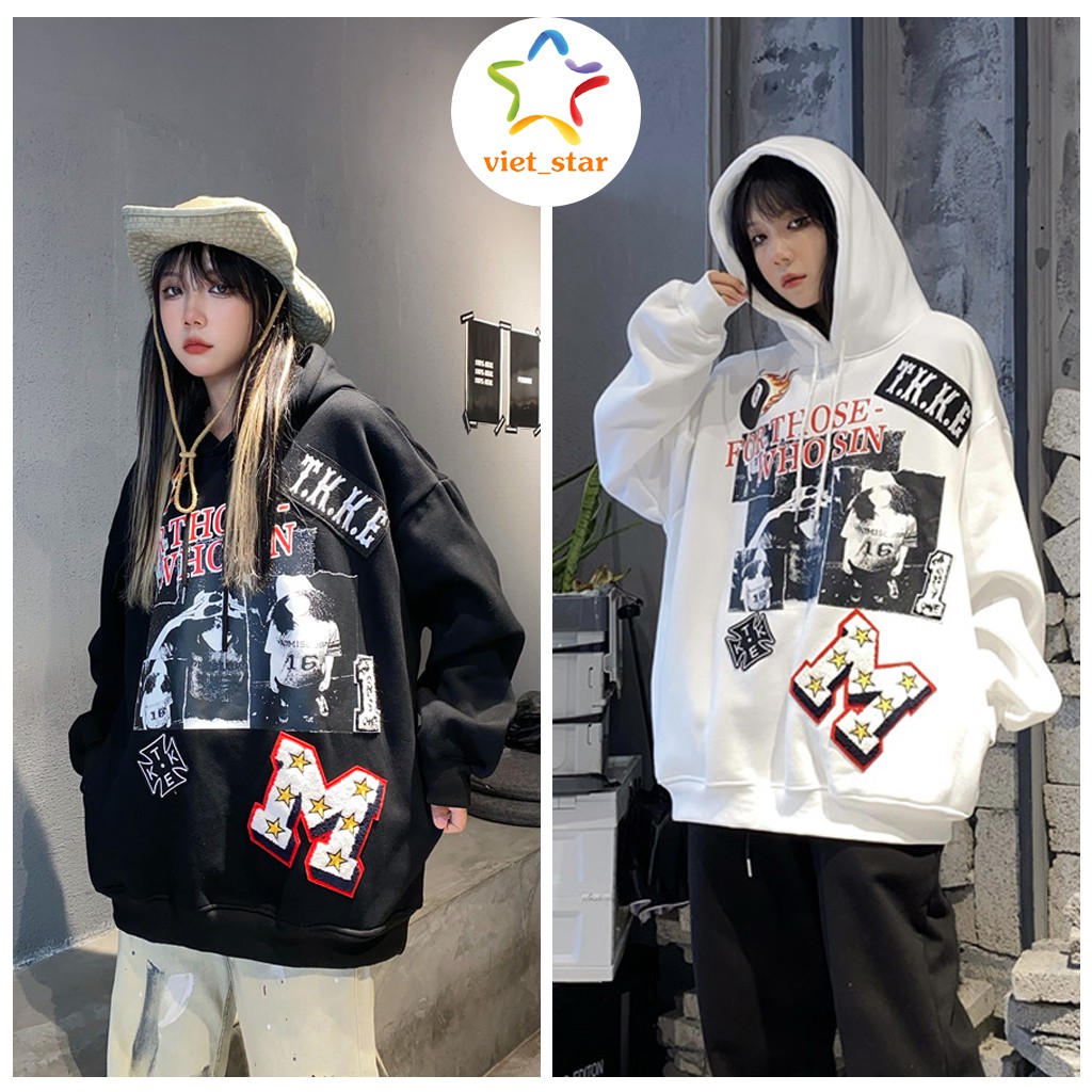 Áo Hoodie Form Rộng Unisex VIETSTAR Áo Nỉ Mũ Phong Cách Hàn Quốc 2 Màu Đen Trắng TKKE