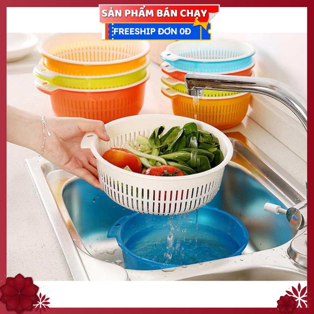 Rổ Rửa Rau Củ, Trái Cây KIÊM CHẬU S6 HAI LỚP - Rổ Để Thực Phẩm Ăn Lẩu Khô Ráo Có Lỗ Treo - Nhiều Size