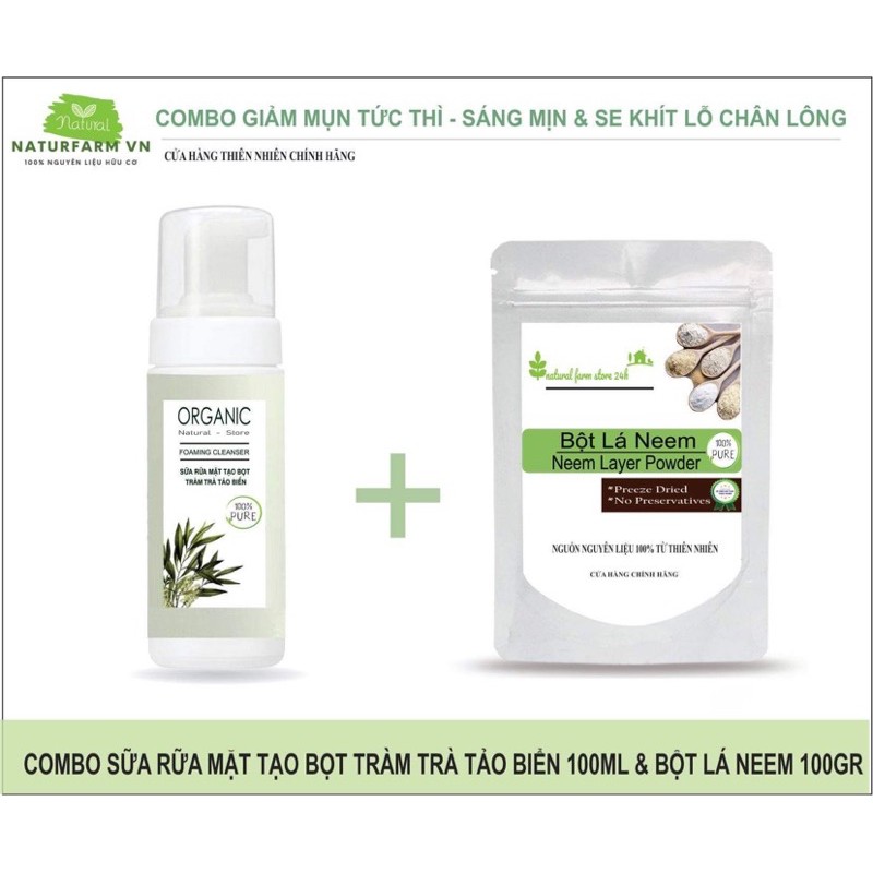 Combo ngừa mụn sáng da gồm Bột lá neem & SRM tạo bọt tràm trà tảo biển 100% organic - cửa hàng thiên nhiên handmade