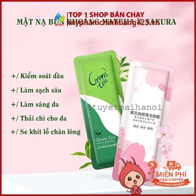 Mặt Nạ Bùn Hoa Anh Đào Trà Xanh ( Set 2 gói ) Sakura Laikou Làm Sạch Giảm Mụn Sáng Da