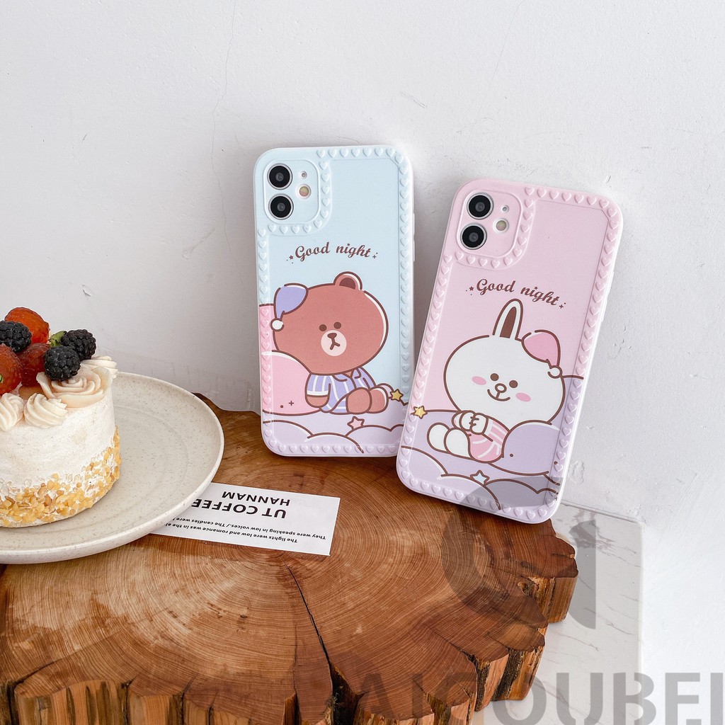 2021 Love Good Night Blue & Pink Bear Rabbit Cell Phone Case Cover 12 Pro Pro Max Mini 11Pro 11ProMax 7 8 7Plus 8Plus X XS XR XSmax Vỏ mềm mờ