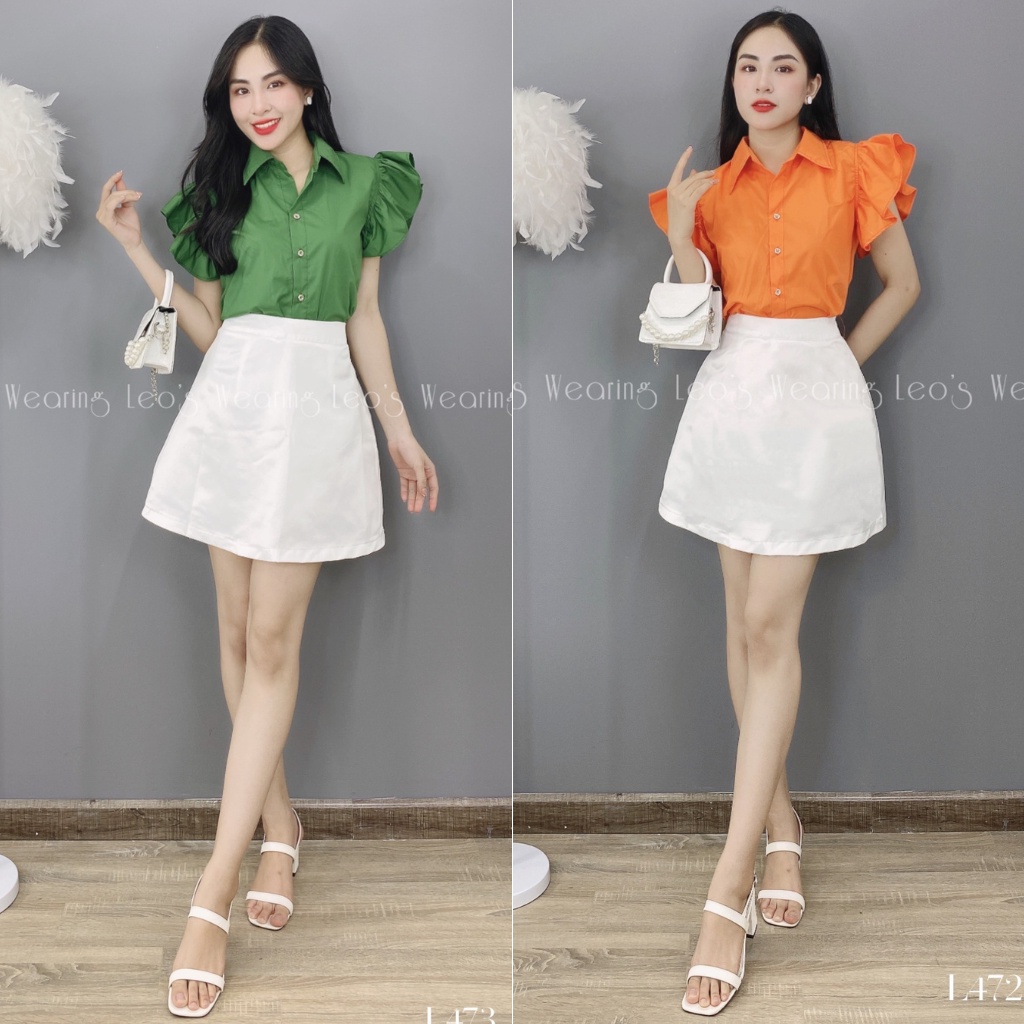Set chân váy ngắn chữ A mix áo sơ mi tay cánh tiên LEOSWEARING L472 L473