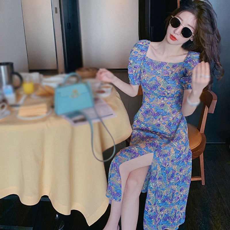 Đầm Tay Ngắn Dáng Dài Hoạ Tiết Hoa Thiết Kế Xẻ Quyến Rũ