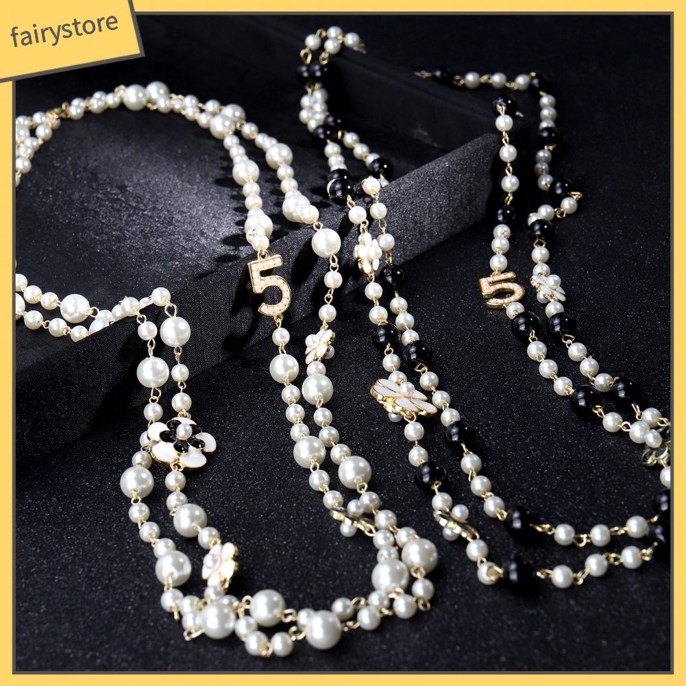 Dây chuyền dài hai lớp nhiều mặt họa tiết xỏ ngọc trai giả cho nữ