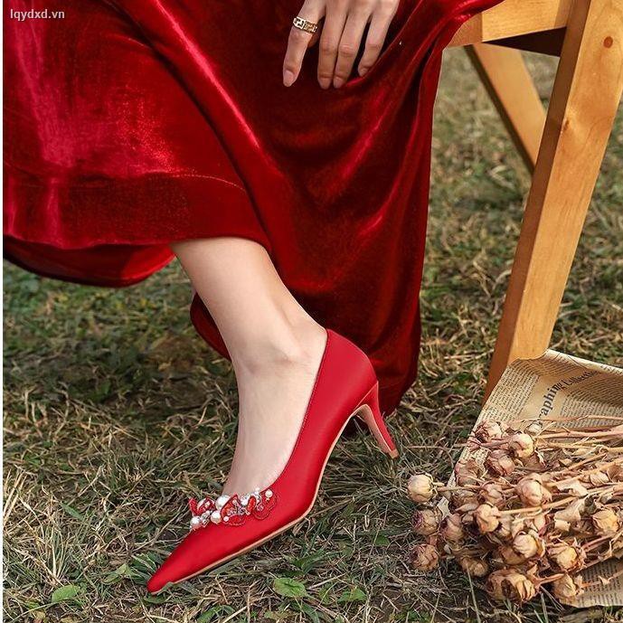 ☄High heels women 2020 new pointed toe stiletto single shoes white French wedding light mouth red bridesmaid