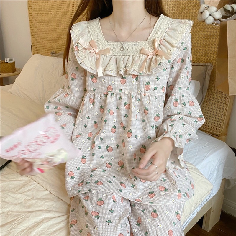 BN22_ Đồ Ngủ, Đồ Bộ Nữ Mặc Nhà Tiểu Thư Dài Tay Phối Bèo Nơ Quảng Châu