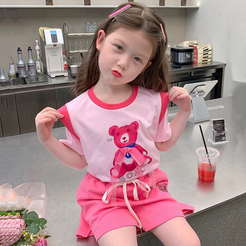 [Hàng Mới Về] Set Áo Thun Tay Ngắn Giả Hai Lớp Bằng Vải Cotton Thoải Mái Phong Cách Hàn Quốc Dành Cho Bé Gái