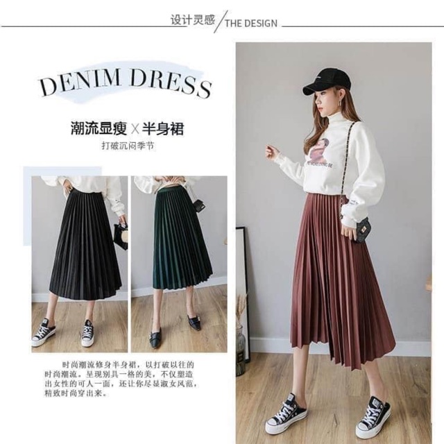 Chân váy xếp ly to Hàn Quốc dài qua gối sang chảnh | BigBuy360 - bigbuy360.vn