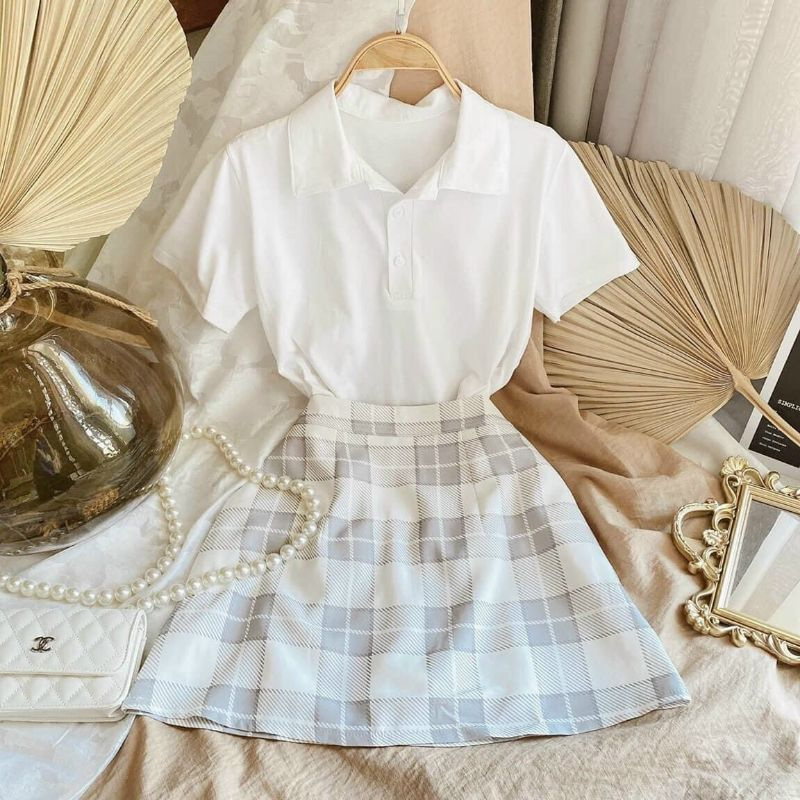 Set áo gile gấu teddy phối chân váy dễ thương