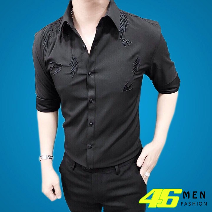 Áo sơ mi nam dài tay, trắng, đen, thêu họa tiết chim én trẻ trung MFM123
