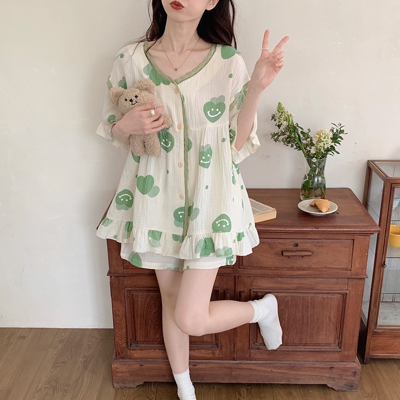 Bộ Đồ Ngủ Chất cotton Mỏng Nhẹ In Họa Tiết Dễ Thương Phong Cách Hàn Quốc Thời Trang Cho Nữ