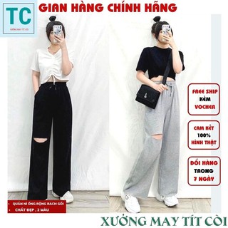 Quần thun ống rộng rách gối hack dáng cực hot (ảnh thật) ,Quần Baggy Cạp Cao Thun Dài Rách Đùi Unisex -LAZASHION