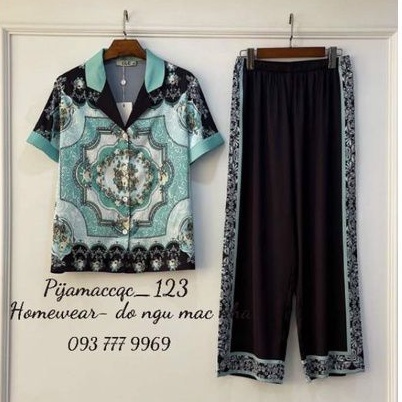 Pijama lụa cộc dài xanh bạc hà sang trọng Quảng Châu cao cấp