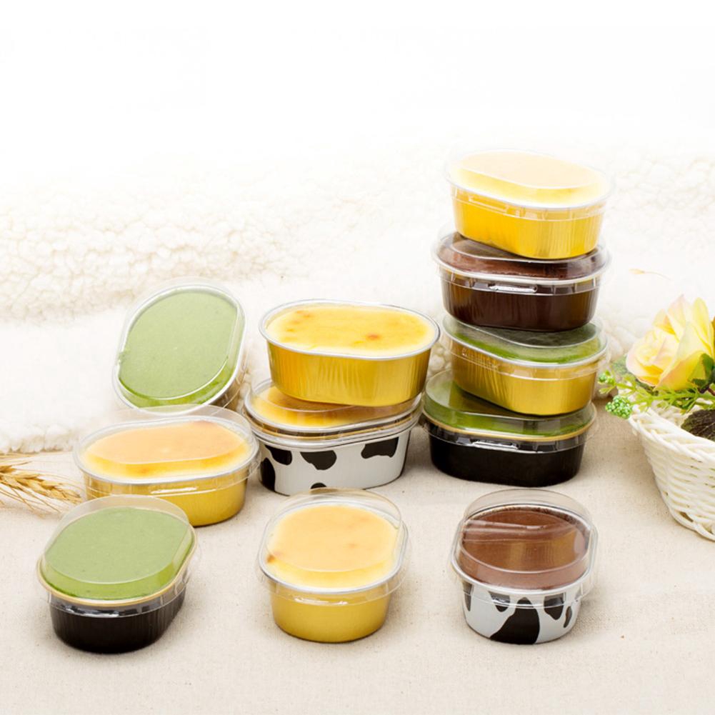 10 cái Cốc nướng bằng nhôm dùng một lần Nhiều màu Creme Brulee Món tráng miệng Hình bầu dục Cốc Cupcake có nắp đậy