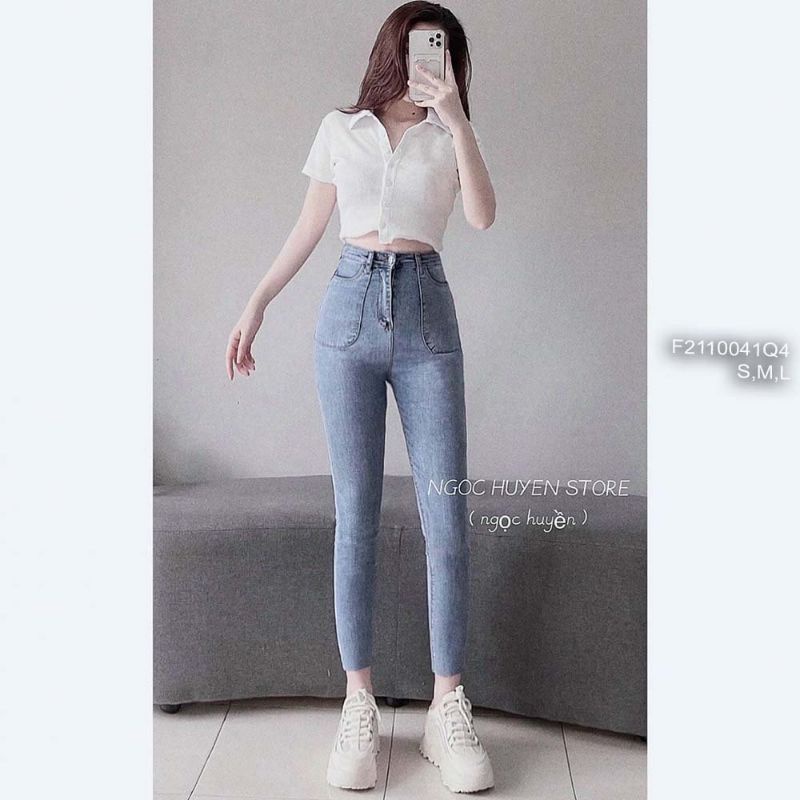 Quần jean dài ôm lưng cao có hai túi phía trước!