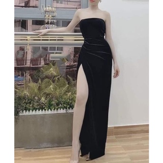 Đầm maxi nhung xẻ đùi xếp ly