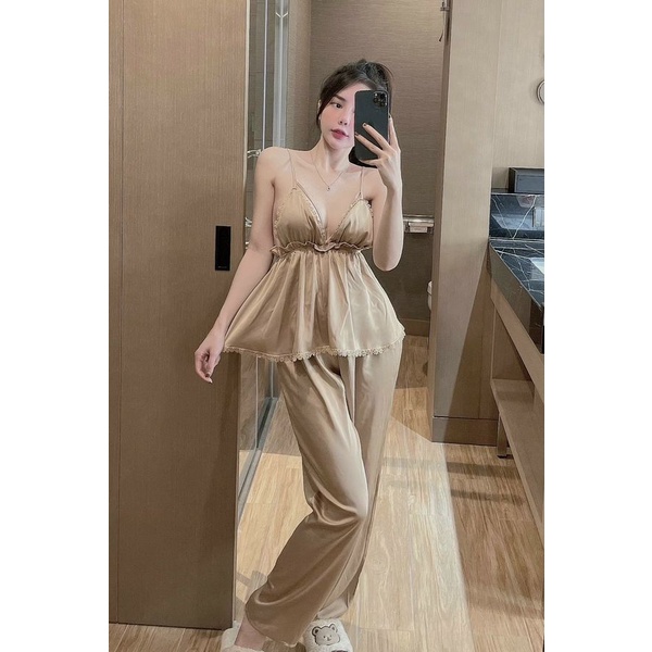 Đồ Ngủ, Đồ Bộ, Pijama Nữ, Set Áo 2 Dây Sexy Quần Dài Lụa Siêu Mát Freesize