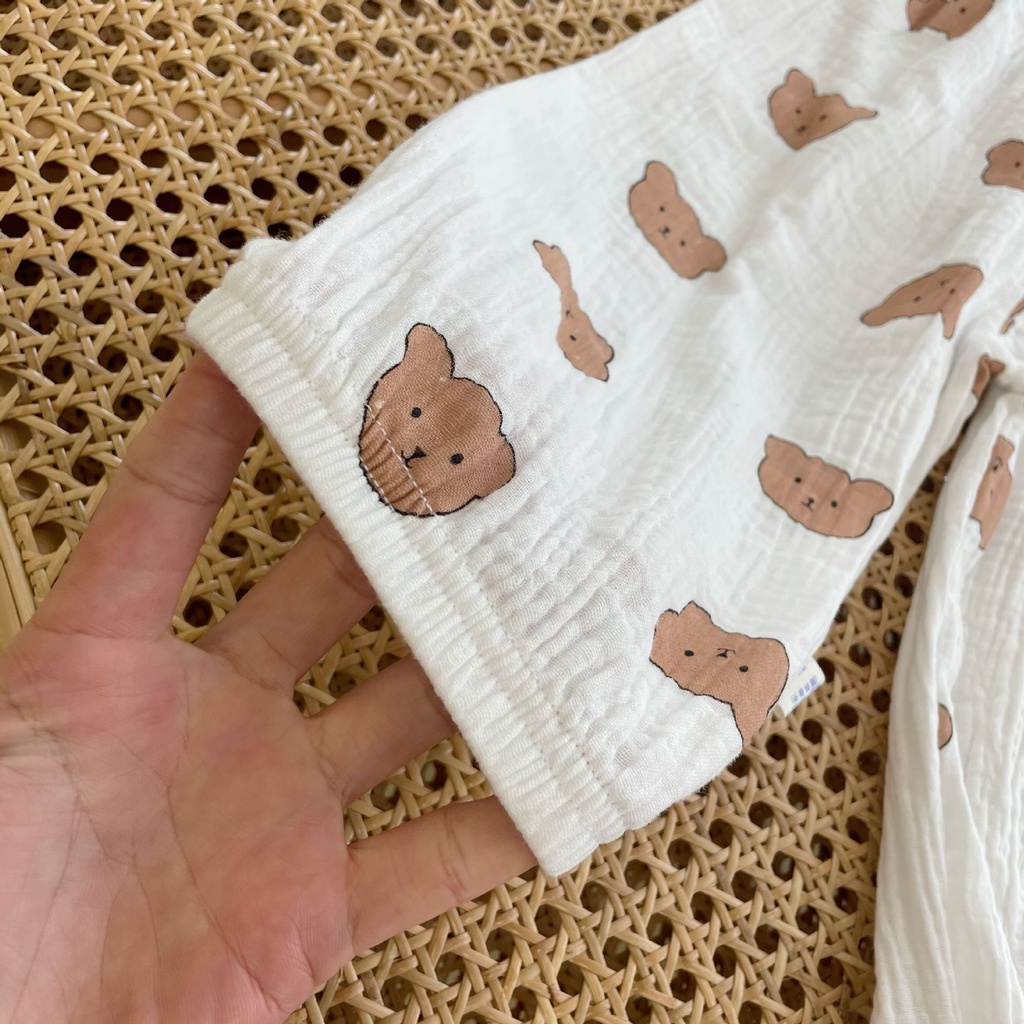 Đồ bộ bé trai bé gái hình mặt gấu năng động cá tính, Set quần áo sơ sinh vải xô Muslin tay lỡ Hàn Quốc