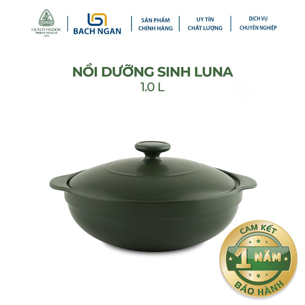 Nồi sứ dưỡng sinh Minh Long - Luna 1.0 L dùng cho Bếp Ga, Hồng Ngoại có nắp đậy