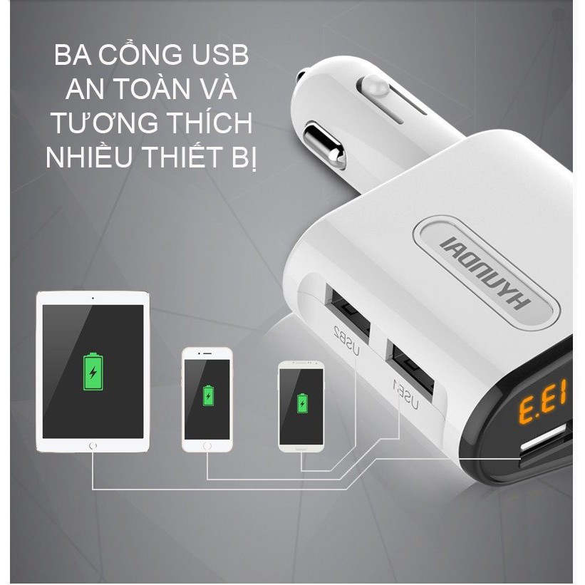 Tẩu sạc Hyundai một tẩu ba cổng USB cao cấp Sạc nhanh 3.1 by Agiadep (Đen)