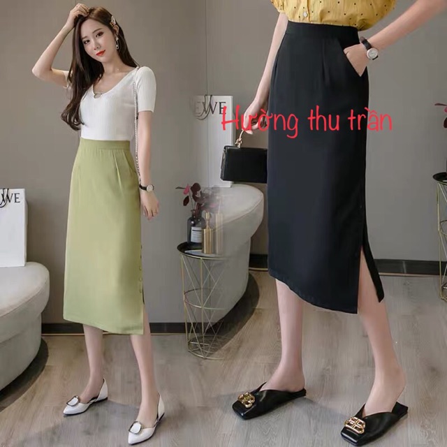 Chân váy chữ a xẻ 1 bên có túi chéo, chân váy công sở dáng dài qua gối xẻ 1 bên có túi d68cm