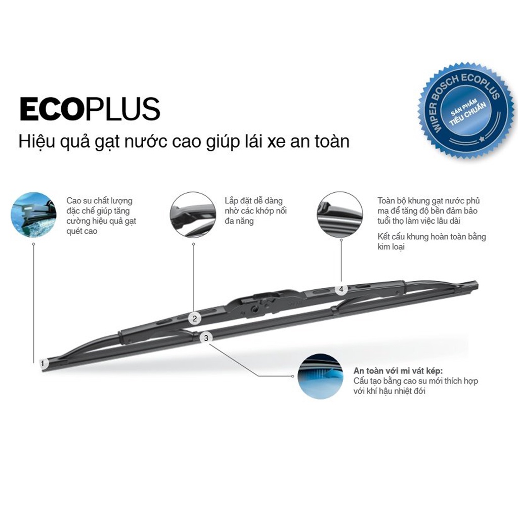Bộ 2 cần gạt mưa Bosch Ecoplus. Gạt mưa cứng chân móc size 14 - 26 inch, phù hợp các dòng xe. Bảo hành 3 tháng 1 đổi 1.