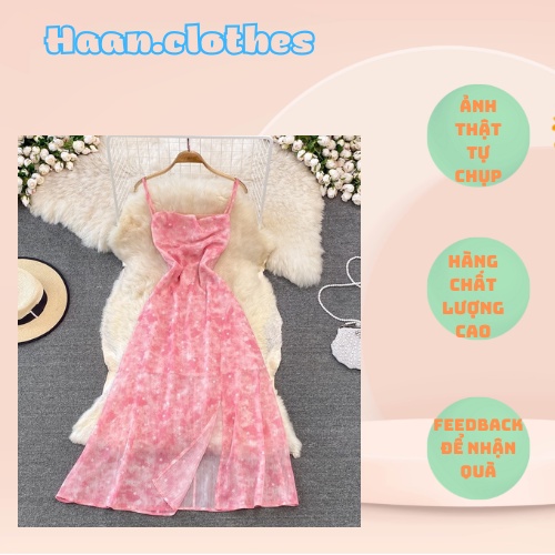 Đầm hai dây màu hồng xẻ tà chất voan có size nhẹ nhàng thanh lịch