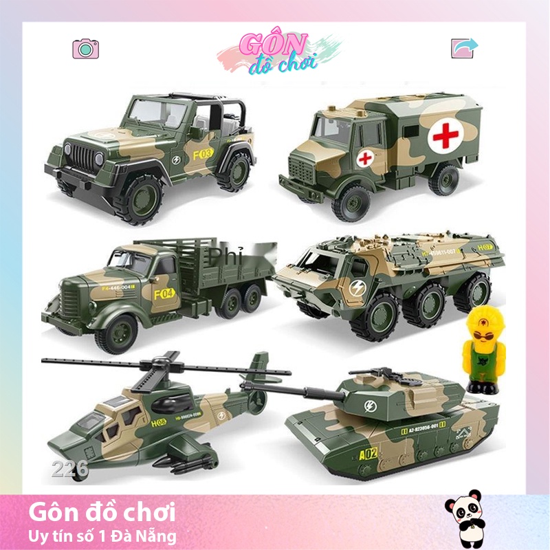 Bộ 6 xe quân sự đồ chơi cho bé gồm xe tăng, máy bay, xe bọc thép, xe chỉ huy, xe cứu thương, xe tải Gôn đồ chơi