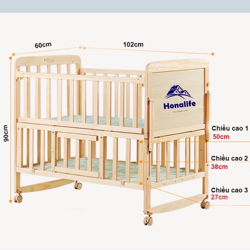 Cũi ngủ cho bé 2 tầng kèm ( QUÂY + MÀN +NỆM ) Nôi cũi gỗ cho bé đa chức năng chất liệu gỗ thông kích thước 105x60cm