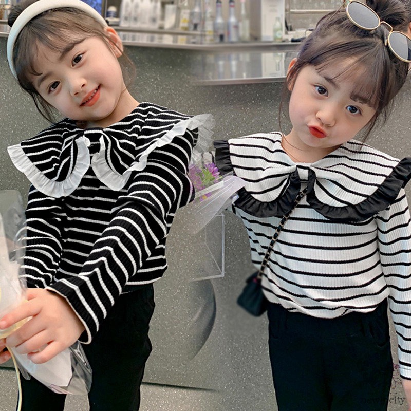 Áo Sơ Mi Tay Dài Cổ Búp Bê Họa Tiết Kẻ Sọc Đính Nơ Dễ Thương Thời Trang Mùa Thu Phong Cách Hàn Quốc Cho