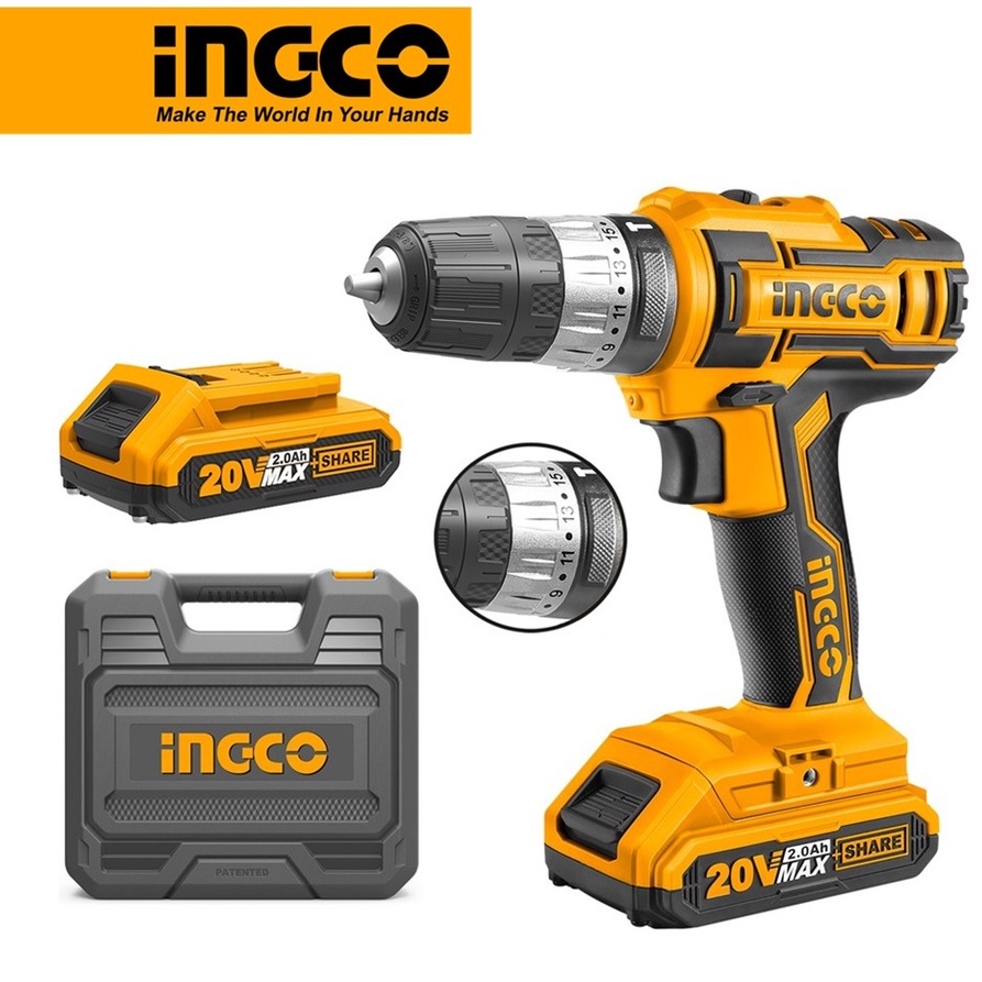Máy khoan pin 20V (3 chức năng có búa) INGCO CIDLI200215 (2 pin &amp; sạc nhanh) - Hộp nhựa