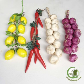 Dây hành tím, tỏi, chanh, ớt giả, đào, táo, cam, bắp, đậu phộng, bầu - trái cây củ quả giả cao cấp