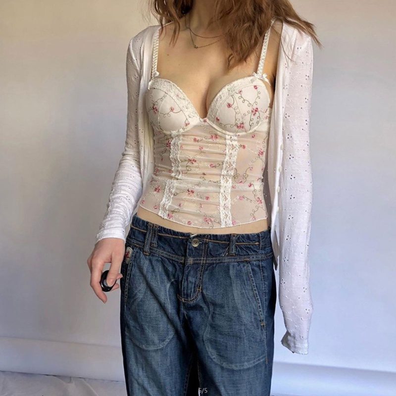 Brroa Áo Tank Top Hai Dây Mỏng Họa Tiết Hoa Có Đệm Ngực Cho Nữ