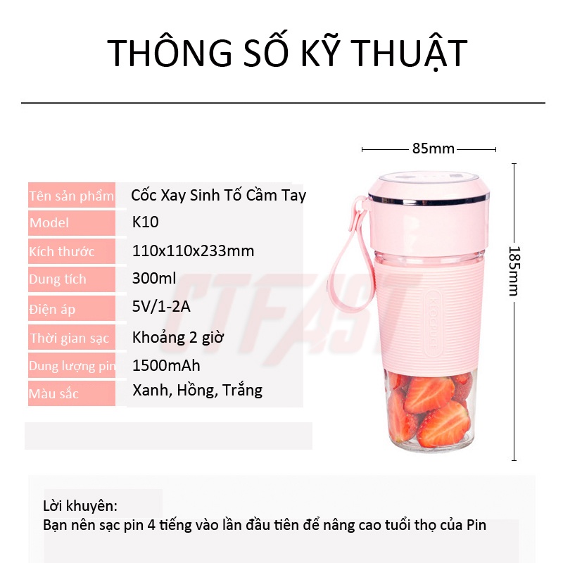 Máy Xay Sinh Tố Cầm Tay Đa Năng CTFAST - JUICER 01: Cốc Thủy Tinh An Toàn, Pin Sạc 1500 mAh, Cảm Ứng Tự Động